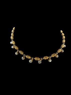 Vintage Gold Tone Coil Spring Rhinestone Necklace 16” Fringe Dangle